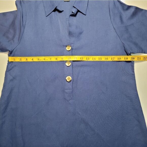 Chelsea & Theodore Blue Linen Rayon Button-Down Midi Shirt Dress Short Sleeves - Picture 11 of 12